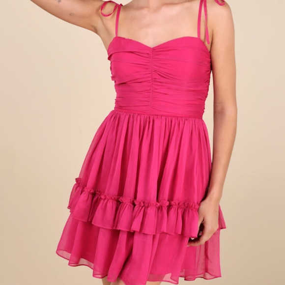 Lulus Angelic Approach Hot Pink Chiffon Ruffled Tie-strap Mini Dress - Size L - Picture 1 of 1